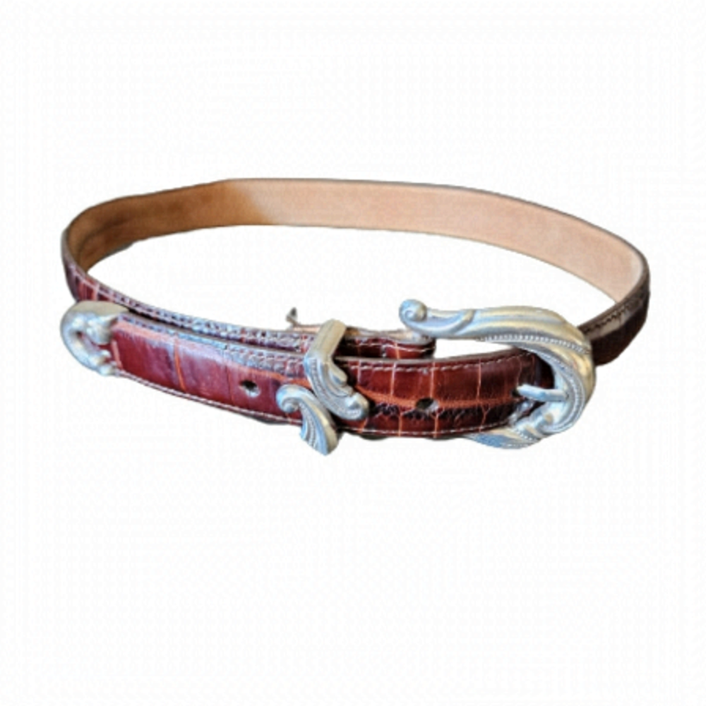 Cold water creek western silver scroll buckle alligator croc print leather belt